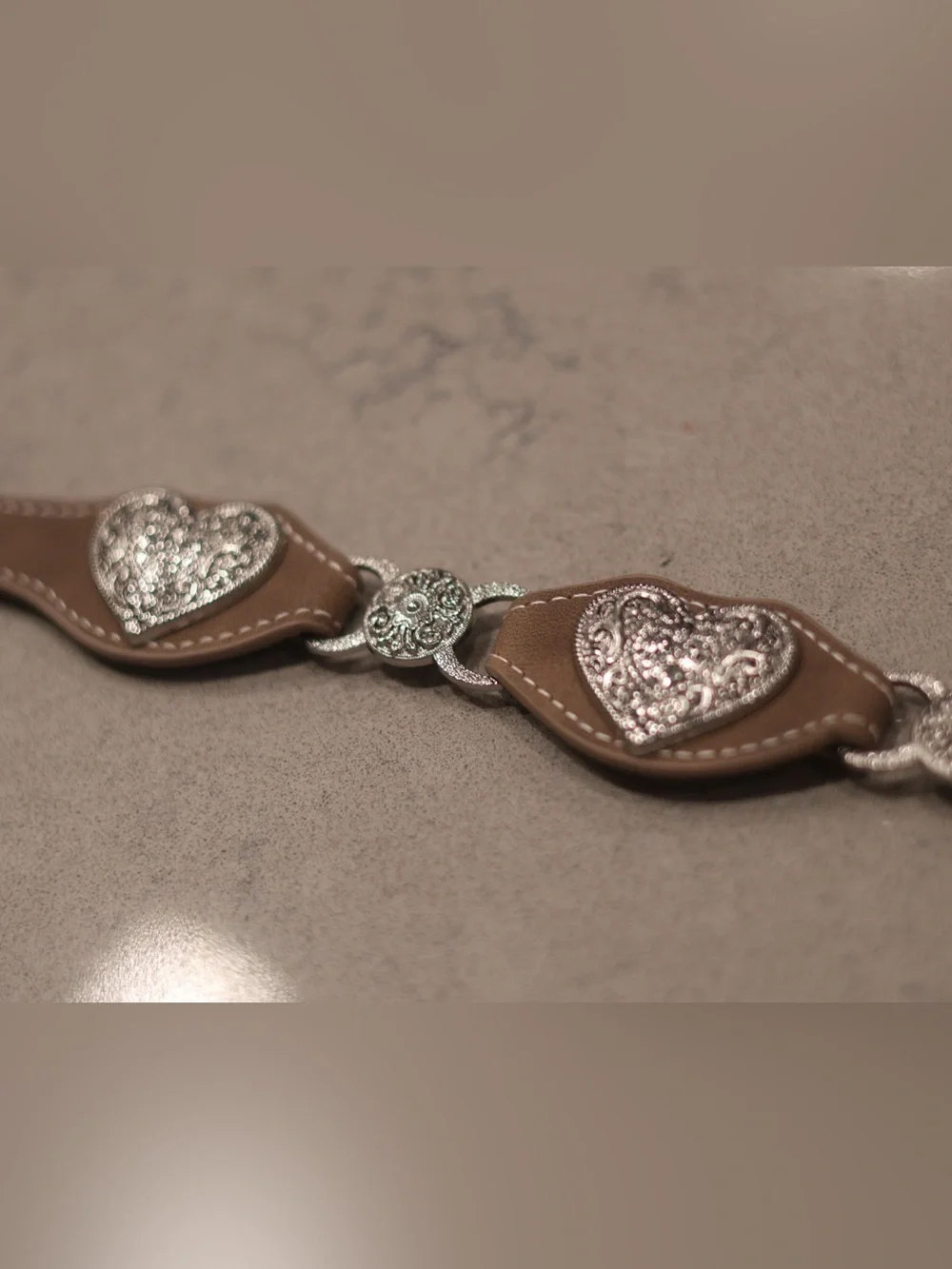 Western Concho Heart Belt Brown Faux Leather Silver Engraved Buckle Boho Cowgirl